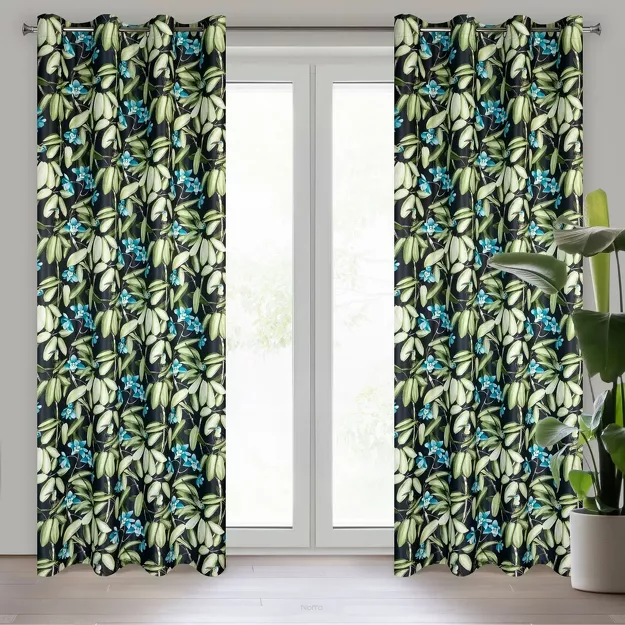 Zasłona na przelotkach 140x250 LONI zaciemniająca czarna z motywem graficznym zielonych kwiatów