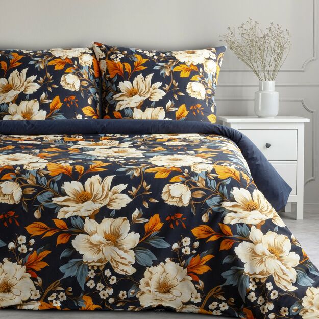 Pościel bawełniana 220x200 FIORA granatowa pomarańczowa z wzorem kwiatowym z kolekcji Classic
