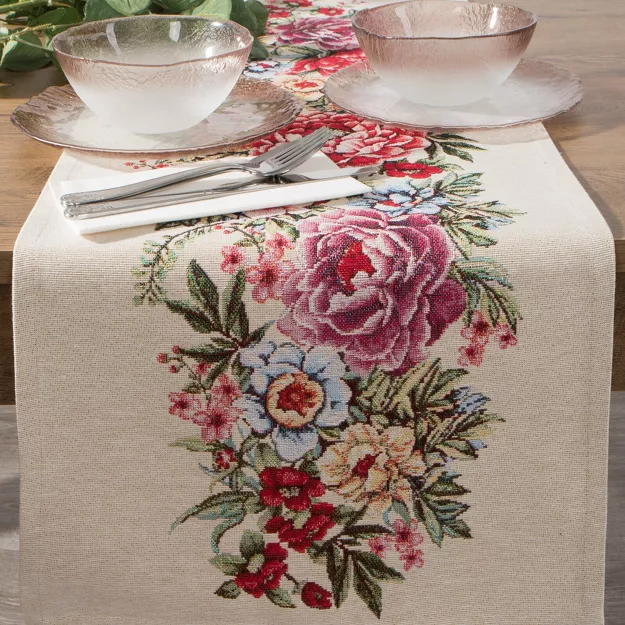 Bieżnik gobelinowy 45x140 GRIA naturalny różowy z nadrukiem kwiatów piwonii