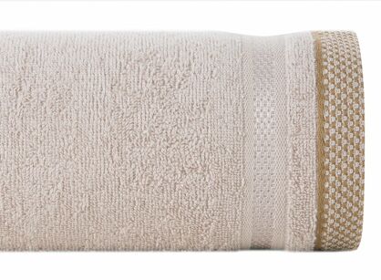 Ręcznik 70x140 ABBIE beżowy z żakardową błyszczącą bordiurą w pasy z delikatną krateczką 500 g/m2