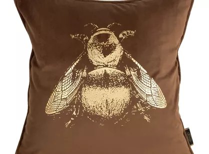 Poszewka welwetowa 45x45 BLINK 41G ceglana z nadrukiem złotej pszczoły druga strona o strukturze lnu