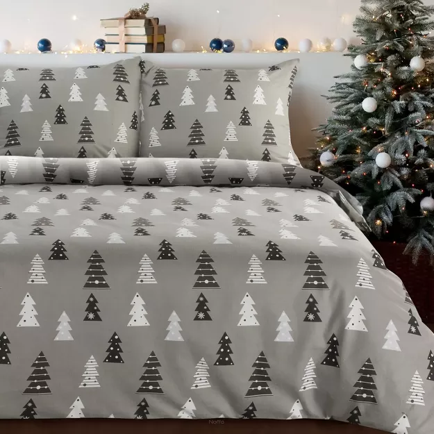 Pościel świąteczna 160x200 LENON stalowo biała wzór choinek z flaneli