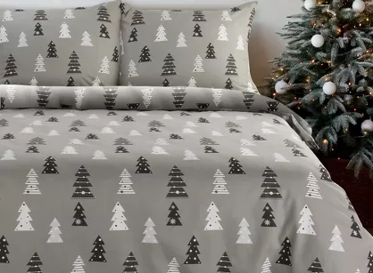 Pościel świąteczna 160x200 LENON stalowo biała wzór choinek z flaneli