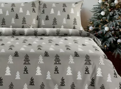 Pościel świąteczna 160x200 LENON stalowo biała wzór choinek z flaneli
