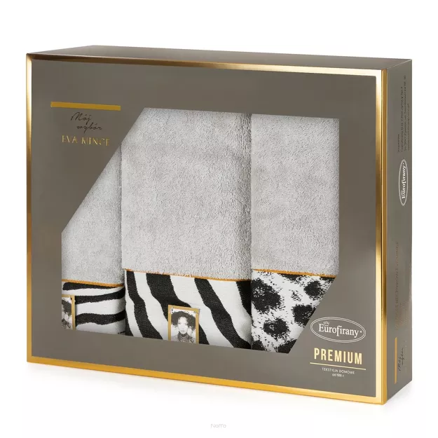 Komplet Ręczników EVA 22 Eva Minge srebrne z drukowaną bordiurą z wzorem zwierzęcym panterki 500 g/m2