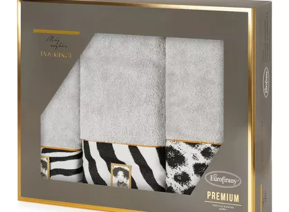 Komplet ręczników EVA 22 Eva Minge srebrne z drukowaną bordiurą z wzorem zwierzęcym panterki