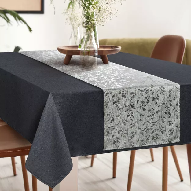 Obrus 140x220 z bieżnikiem 33x220 ANITA 6 stalowy z wzorem delikatnych listków