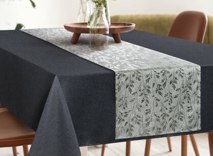 Obrus 140x220 z bieżnikiem 33x220 ANITA 6 stalowy z wzorem delikatnych listków