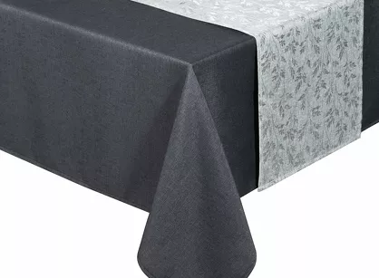 Obrus 140x220 z bieżnikiem 33x220 ANITA 6 stalowy z wzorem delikatnych listków