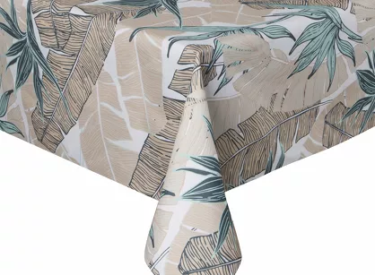 Obrus na taras 140x220 GARDEN 14 miętowy wodoodporny z beżowym wzorem liścia bananowca