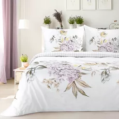 Pościel satynowa 220x200 ELLA 16 biała z fioletowym wzorem kwiatowym z kolekcji Ella Line