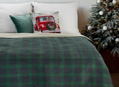 Koc świąteczny 200x220 BELL zielony bawełniany w czarną kratę