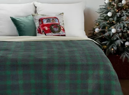 Koc świąteczny 200x220 BELL zielony bawełniany w czarną kratę
