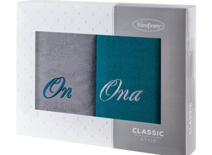 Komplet ręczników 2x70x140 ON ONA ciemny turkus popielate haftowane w kartonowym pudełku