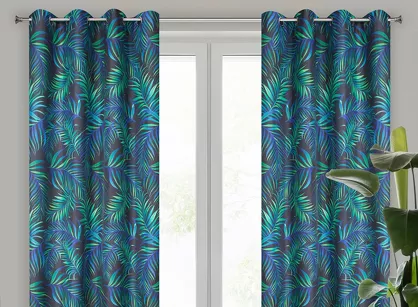 Zasłona na przelotkach 140x250 PALMS 1 czarna z nadrukiem zielonych niebieskich liści palmy