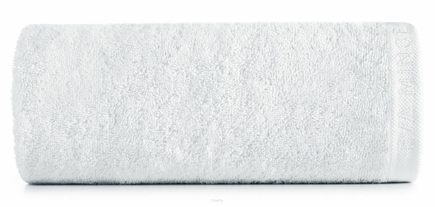 Ręcznik 50x90 VENUS Eva Minge biały zdobiony bordiurą w kolorze ręcznika z napisami projektantki 550 g/m2