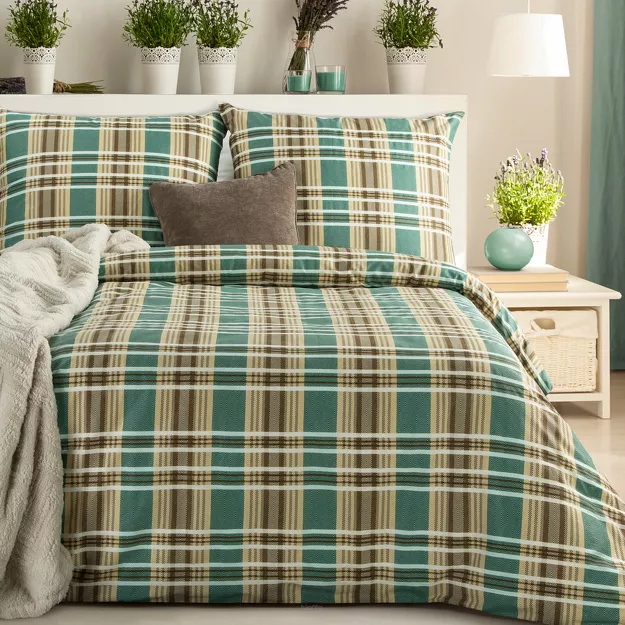 Pościel satynowa 220x200 SPRING 65 jasny brąz z motywem kratki z kolekcji Classic