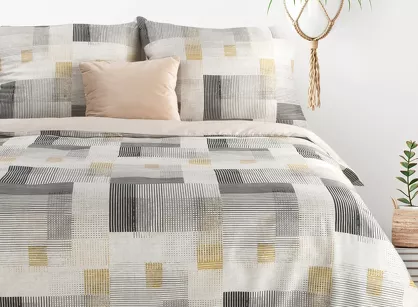 Pościel bawełniana 220x200 LEA 6 czarna musztardowa z wzorem geometrycznym dwustronna Design 91