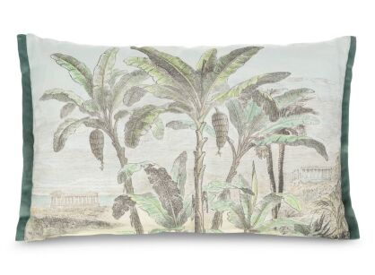Poszewka bawełniana z wypełnieniem 30x45 COLONI naturalna zielona z wzorem palm z wypustką na brzegach