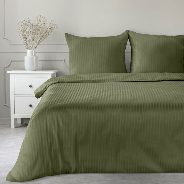 Pościel satynowa 140x200 VERA jednokolorowa gładka oliwkowa w prążki