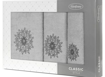 Komplet ręczników 3 szt. ROSETTE srebrny z haftowanym grafitowym wzorem rozety w kartonowym pudełku