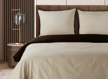 Pościel z makosatyny 160x200 LUNARA beżowa brązowa z ozdobnym sznurem pasmanteryjnym