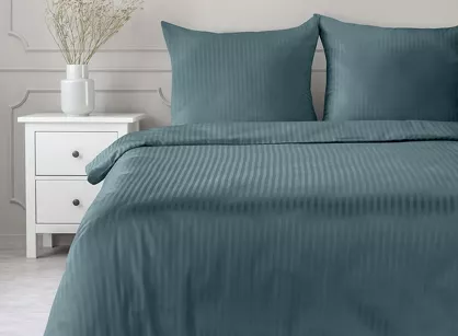 Pościel satynowa 160x200 VERA jednokolorowa gładka morska w prążki