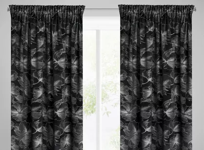 Zasłona na taśmie 140x300 STELLA welwetowa czarna ze srebrnym kwiatowym nadrukiem