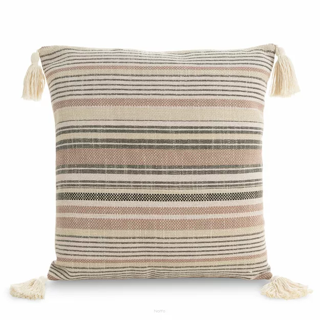 Poszewka płócienna 45x45 BOHO 4 pudrowa stalowa z ozdobnymi chwostami