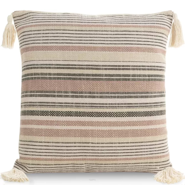 Poszewka płócienna 45x45 BOHO 4 pudrowa stalowa z ozdobnymi chwostami