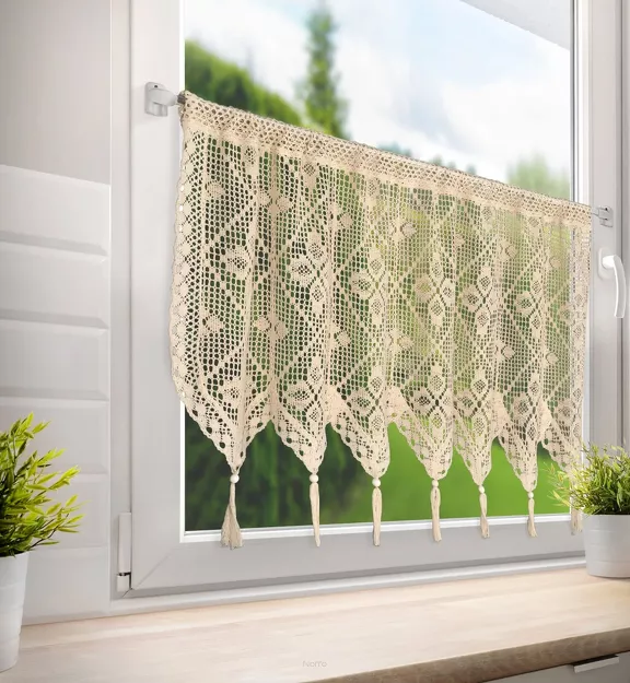 Zazdrostka w tunelu 150x60 MARTHA jasny beż z bawełny ażurowy wzór z chwostami