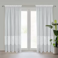 Firana na taśmie 140x270 LORIS biała z etaminy zdobiona aplikacją