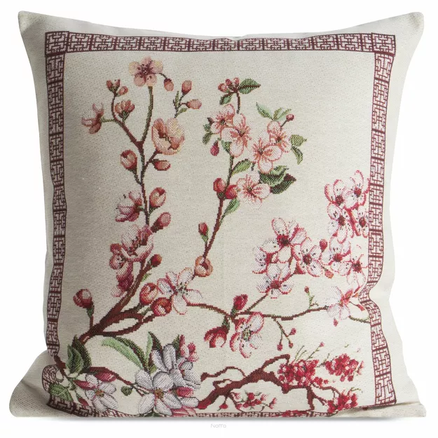 Poszewka gobelinowa 100x100 THAI naturalna różowa wzór kwiatu wiśni