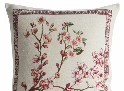 Poszewka gobelinowa 100x100 THAI naturalna różowa wzór kwiatu wiśni