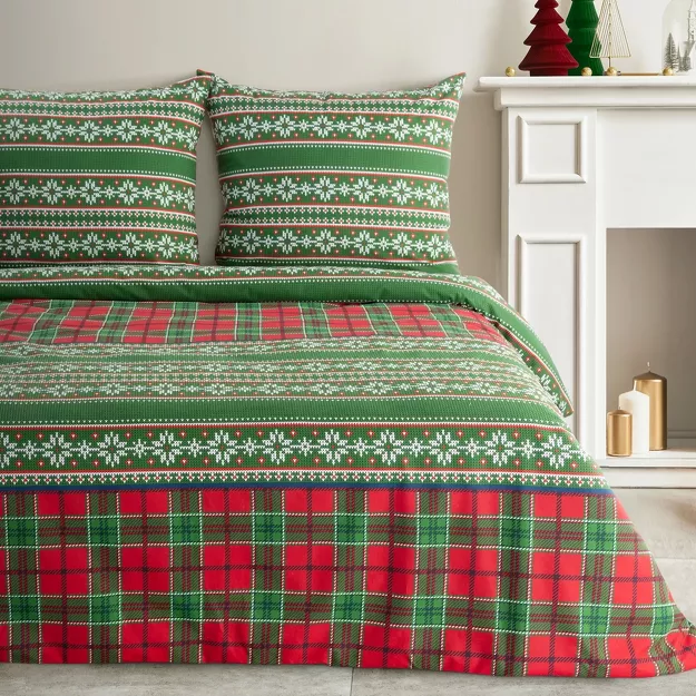 Pościel świąteczna 160x200 AURORA czerwono zielona wzór skandynawski z flaneli