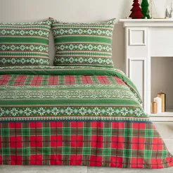 Pościel świąteczna 160x200 AURORA czerwono zielona wzór skandynawski z flaneli