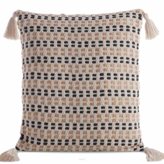 Poszewka płócienna 45x45 BOHO 9A kremowa czarna z ozdobnymi chwostami