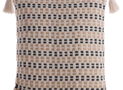 Poszewka płócienna 45x45 BOHO 9A kremowa czarna z ozdobnymi chwostami