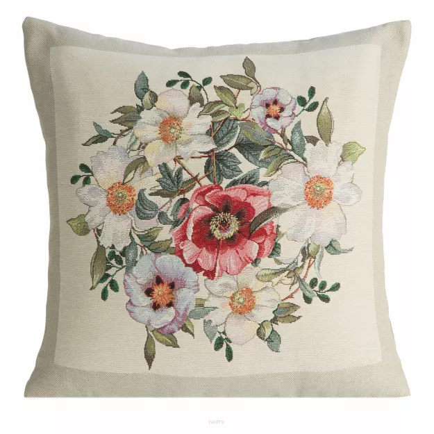 Poszewka gobelinowa 100x100 4039 naturalna z nadrukiem kwiatowym