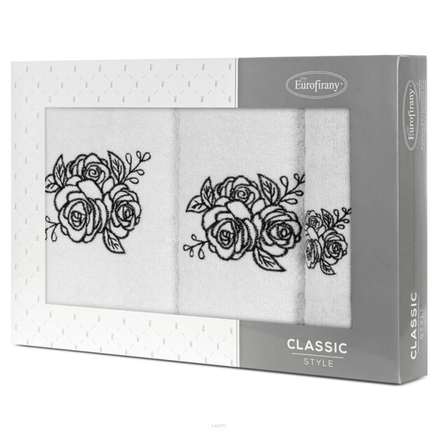 Komplet ręczników 3 szt. ROSALIA białe z haftowanym czarnym wzorem różyczek w kartonowym pudełku