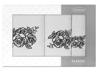 Komplet ręczników 3 szt. ROSALIA białe z haftowanym czarnym wzorem różyczek w kartonowym pudełku