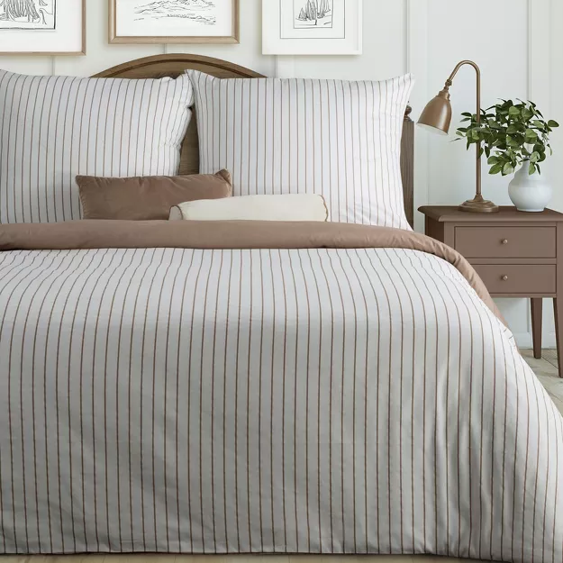 Pościel satynowa 220x200 RAYA biała beżowa w paseczki