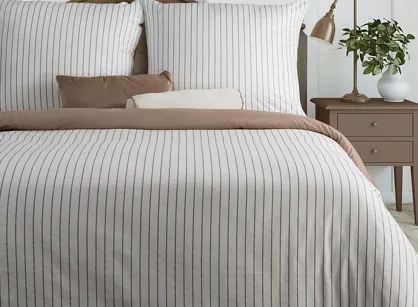 Pościel satynowa 220x200 RAYA biała beżowa w paseczki
