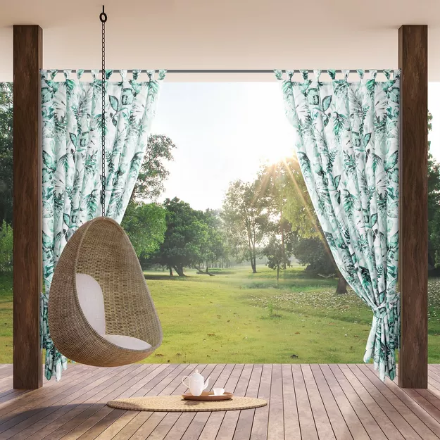 Zasłona na taras 155x260 GARDEN 2 na szelkach zapinanymi na rzepy biała z zielonym wzorem kwiatowym wodoodporna