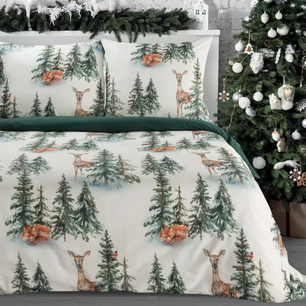 Pościel świąteczna 220x200 DEER biało zielona nadruk choinek z bawełny renforce