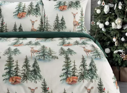 Pościel świąteczna 220x200 DEER biało zielona nadruk choinek z bawełny renforce