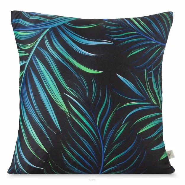 Poszewka 40x40 PALMS 1 czarna z nadrukiem zielonych niebieskich liści palmy