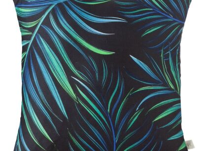 Poszewka pikowana 40x40 PALMS 1 czarna z nadrukiem zielonych niebieskich liści palmy