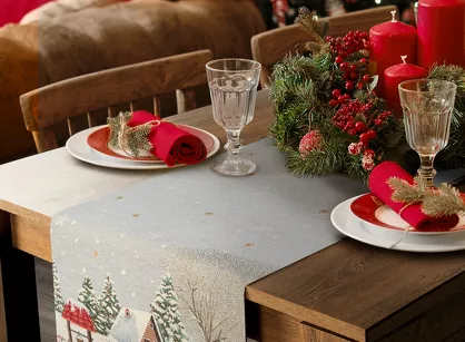 Bieżnik świąteczny 45x140 1163 gobelinowy popielaty z motywem zimowym i połyskującą złotą nicią