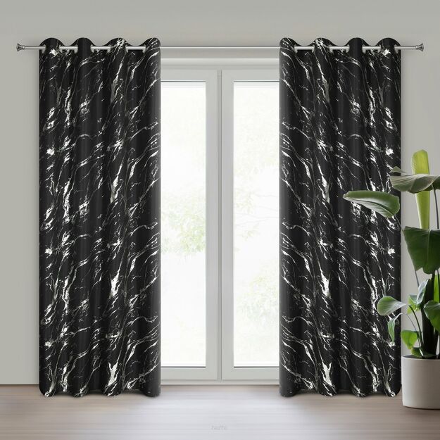 Zasłona na przelotkach 140x250 LANI czarna z mikrofibry z błyszczącym srebrnym nadrukiem marmurku
